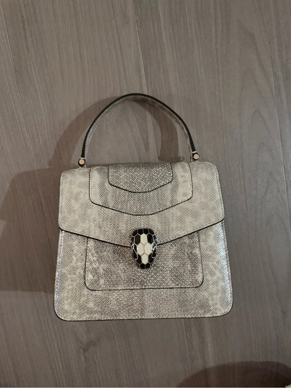 Bulgari Metallic Silver Top-Handle Satchel with Snakehead Clasp